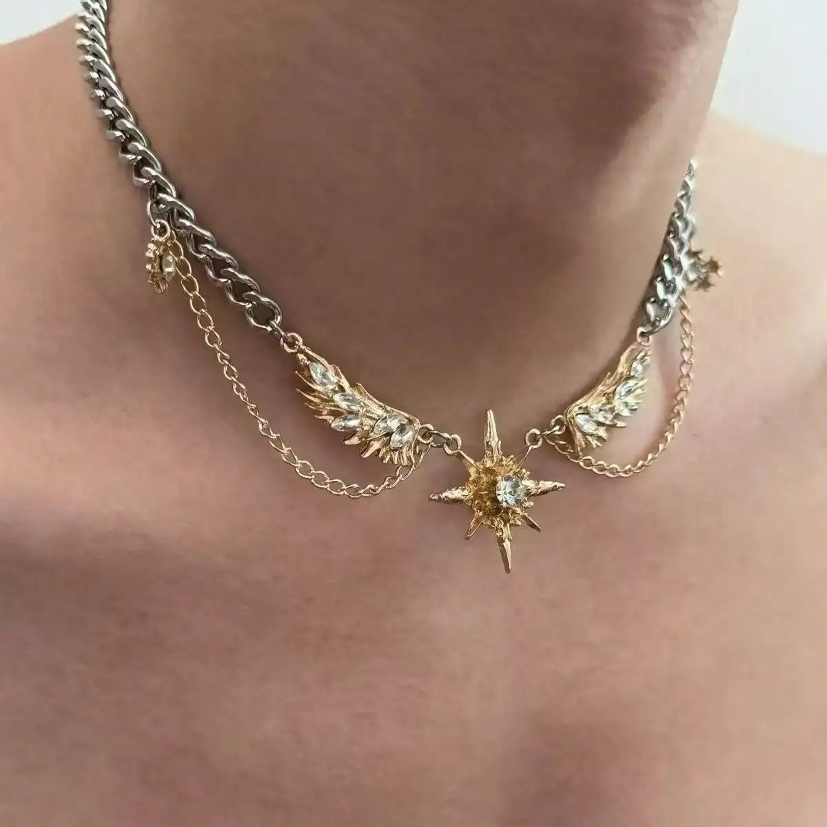 Gothic Punk Gold Color Wings S - Men Accessories Neck Chain 评论和价格